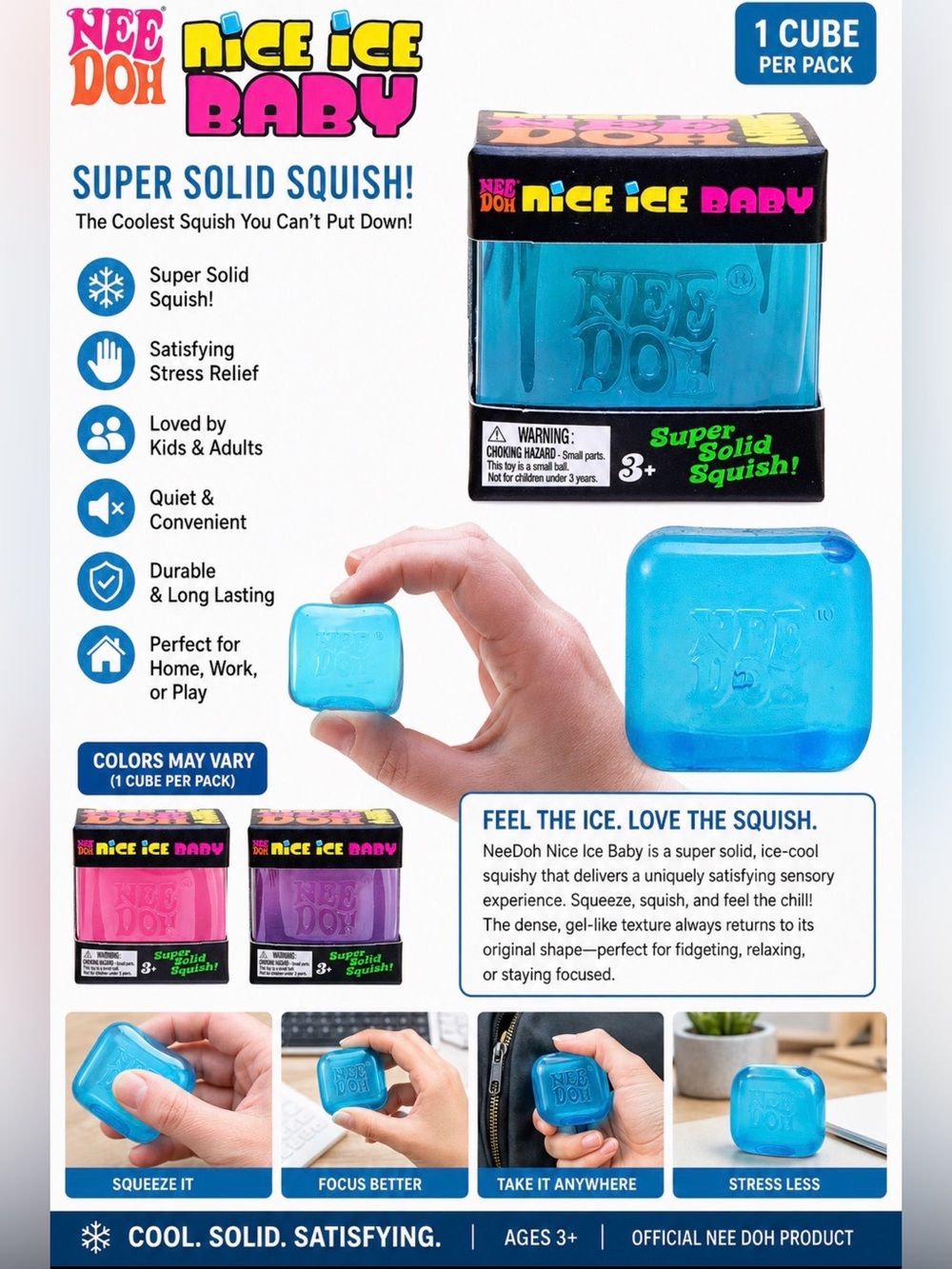 NeeDoh Nice Ice Baby Super Solid Squish Blue Stress Relief Fidget Toy New in Box